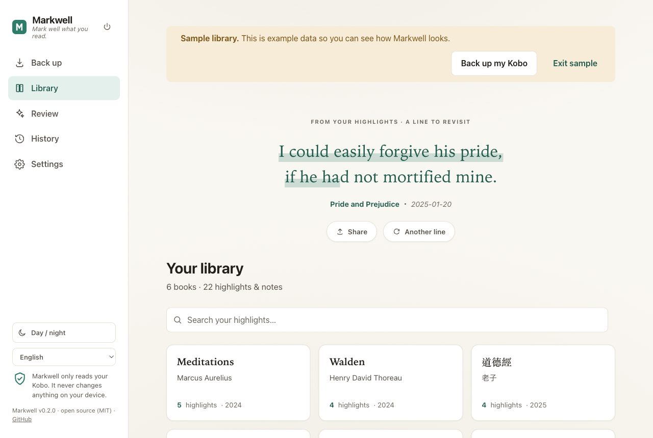 Markwell's Library view, in a web browser
