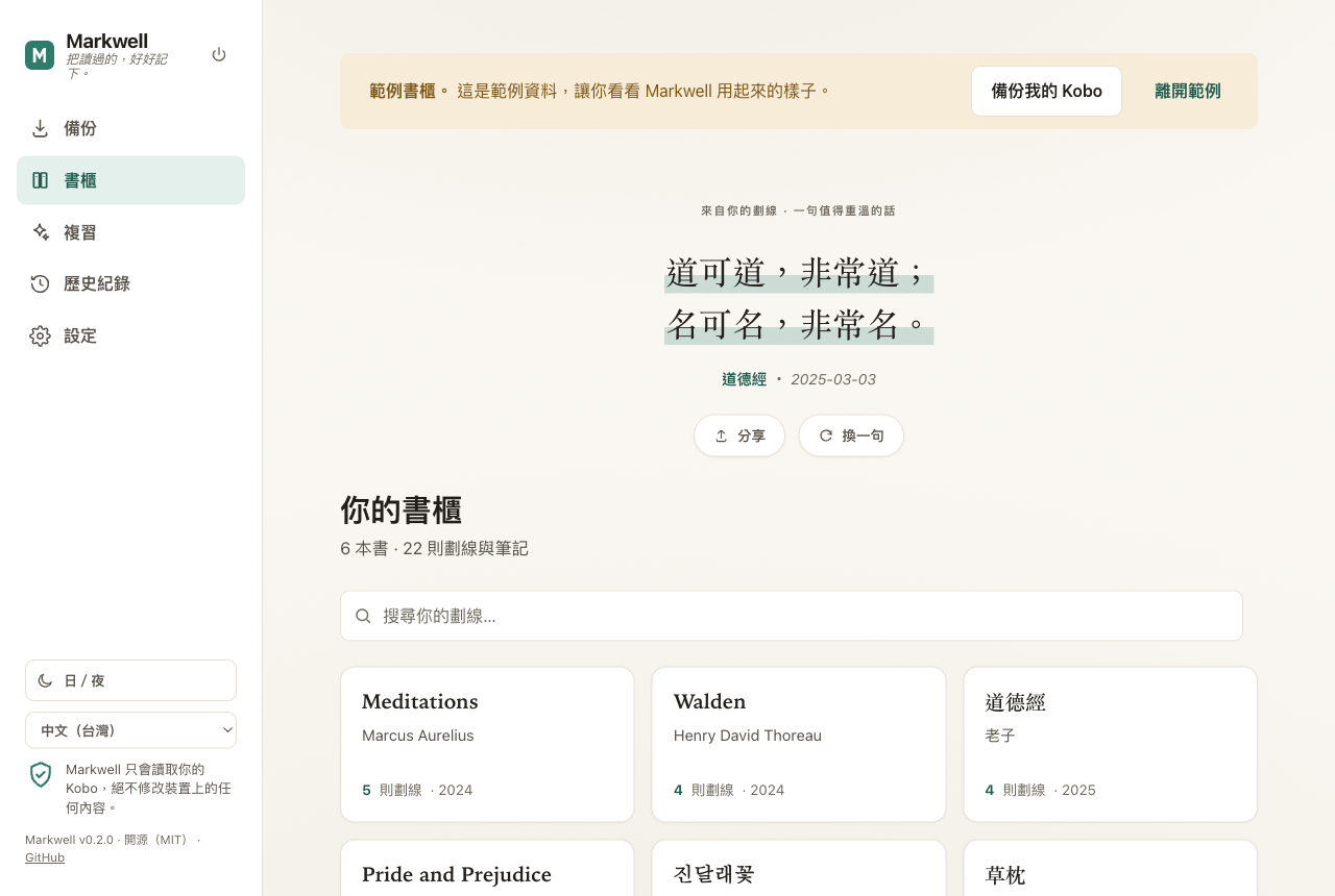 Markwell 的書櫃畫面，在瀏覽器中開啟（繁體中文介面）